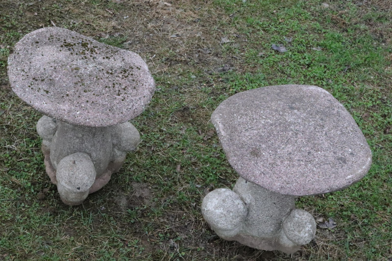 Pair Cast Cement Toad Stools