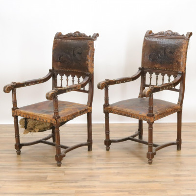 Image for Lot Two Gothic Revival Carved and Leather Armchairs