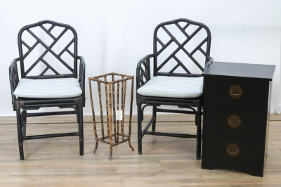 Image for Lot Pair of Black Rattan Armchairs Stand Chest