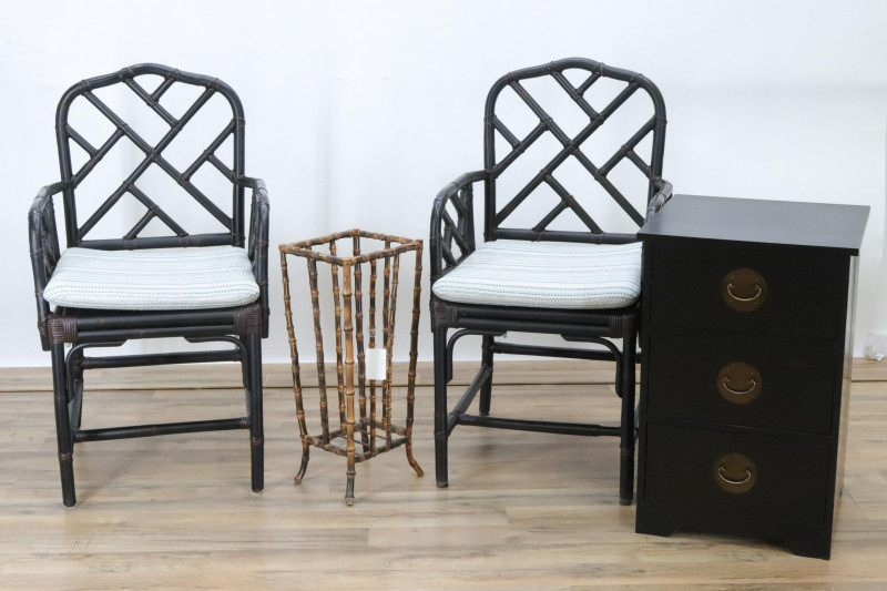Pair of Black Rattan Armchairs Stand Chest
