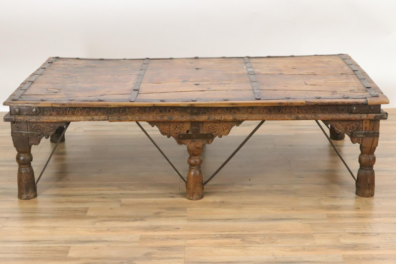 Large 19C Rustic Indian Carved Wood Low Table
