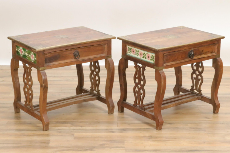 AngloJapanese Wood And Ceramic Tile End Tables