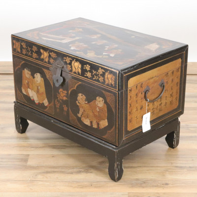 Image for Lot Chinese Gilt Black Leather Chest on Stand