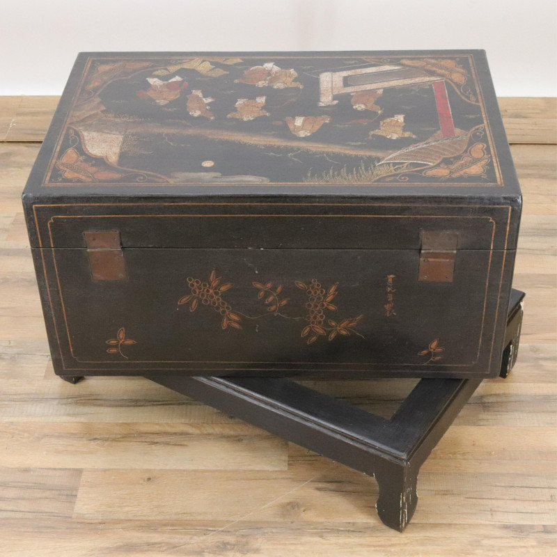 Chinese Gilt Black Leather Chest on Stand