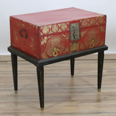 Image for Lot Chinese Gilt Deco Scarlet Chest on Stand