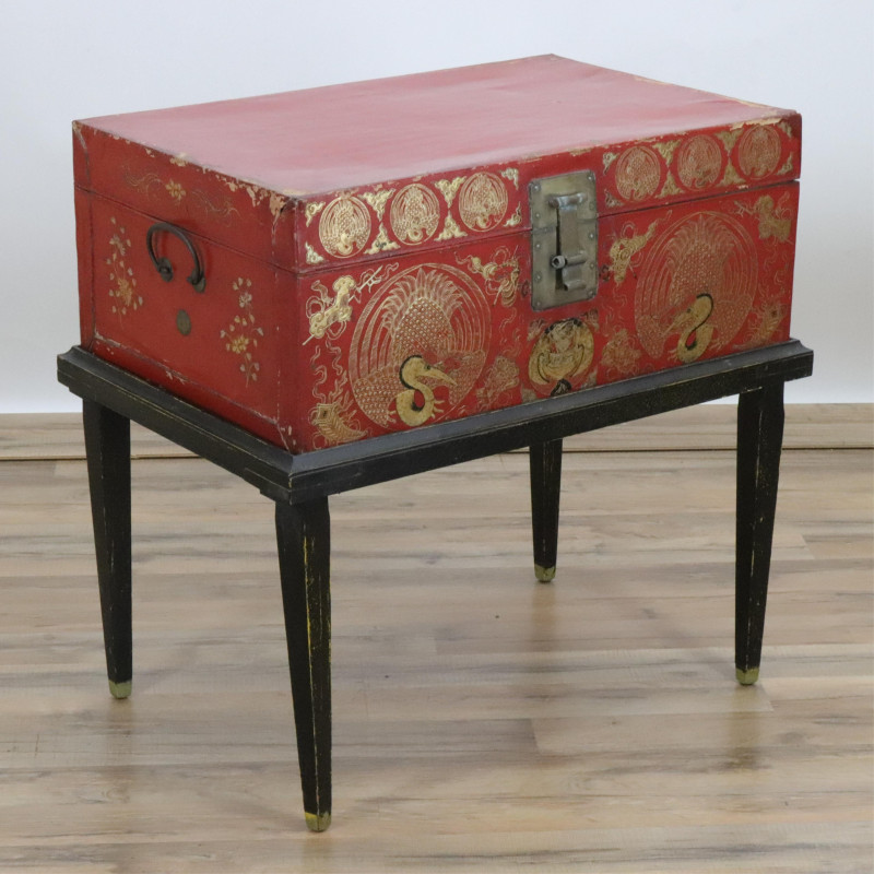 Chinese Gilt Deco Scarlet Chest on Stand