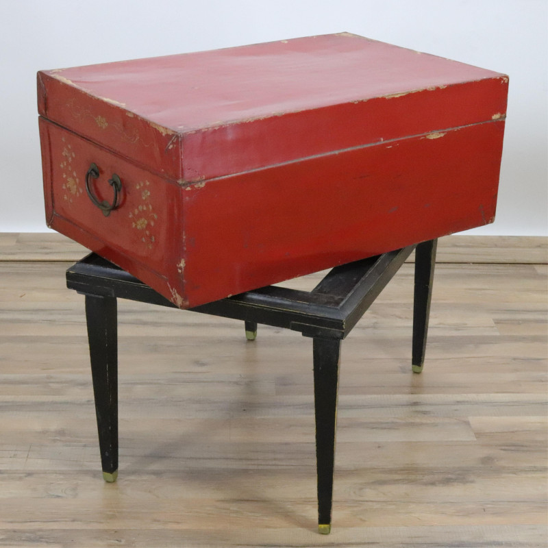 Chinese Gilt Deco Scarlet Chest on Stand