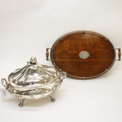 Image for Lot English Silverplate Tureen Oak Oval Tray
