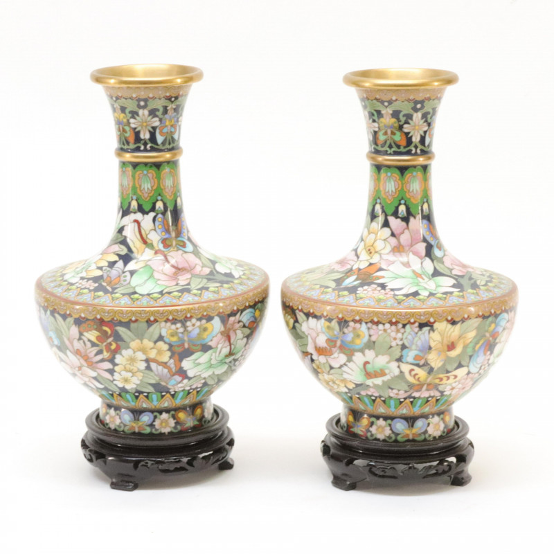Pair of Chinese Flower Butterfly Cloisonne Vases