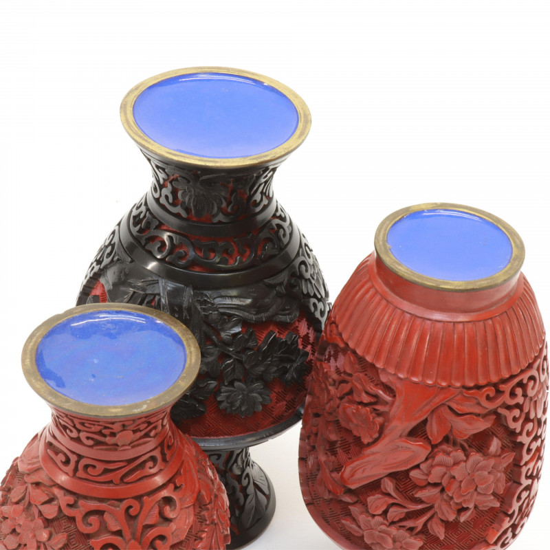 Three Carved Cinnabar Vases and Two Ox Horn Cups