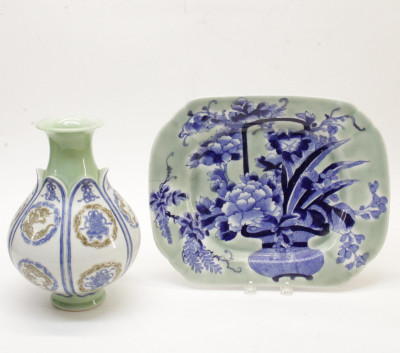 Unique Japanese Celadon Lotus Vase Platter