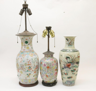 Three Chinese Porcelain Vases Mounted as Lamps