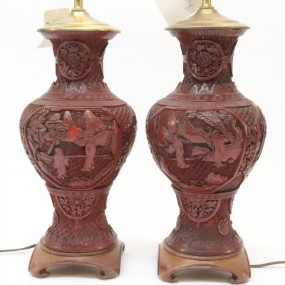 Pair of Chinese Cinnabar Vases as Lamps