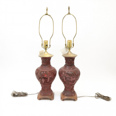Pair of Chinese Cinnabar Vases as Lamps