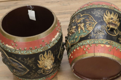 Pair Carved Wooden Drum Containers