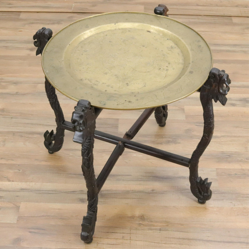Chinese Wood Dragon stand and Brass Tray