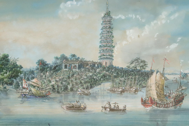Small Asian Harbor Painting