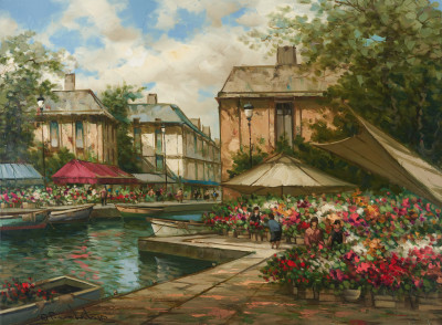 Image for Lot Pierre Latour - Flower Market Barge Along The Canal
