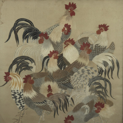 Image for Lot Silk Embroidery of Roosters
