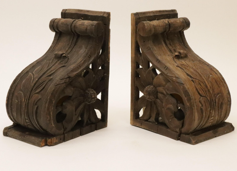 Pair Rococo Style Stained Pine Bracket Sconces