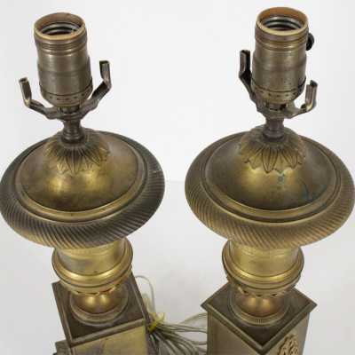Pair of Empire Ormolu Engine Turned Lamps 19th C