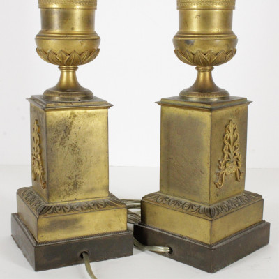 Pair of Empire Ormolu Engine Turned Lamps 19th C