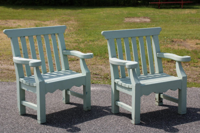 Image for Lot Pair Large Green Painted Garden Armchairs