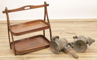 Image for Lot Two Tier Wood Stand Pair Carriage Lanterns