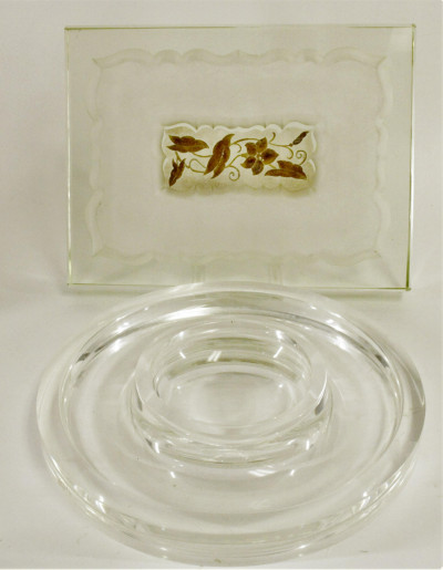 Image for Lot Art Deco Etched Glass Tray Lucite Tray