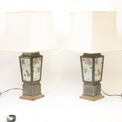 Pair of Porcelain Tile and Metal Lamps
