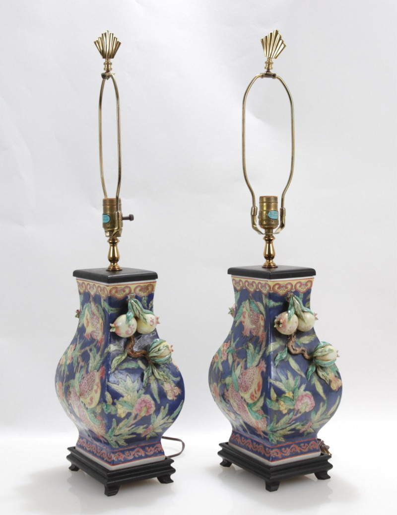 Pair of Chinese Pomegranate Porcelain Lamps