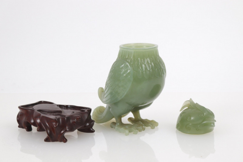 Chinese Archaistic Style Jade Bird as Jar 20th C