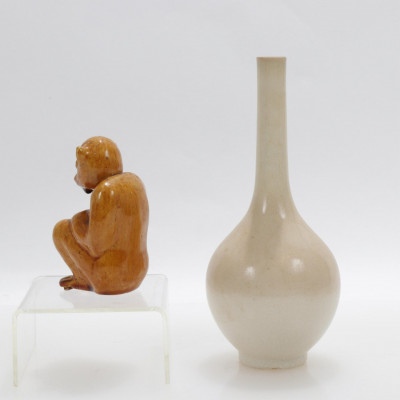 Chinese Small Bottle Vase and Glazed Monkey Figure