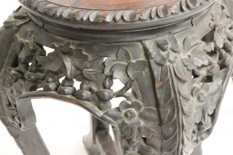 19th C Carved Chinese Stands With Marble Inserts