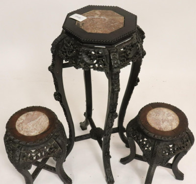 19th C Carved Chinese Stands With Marble Inserts