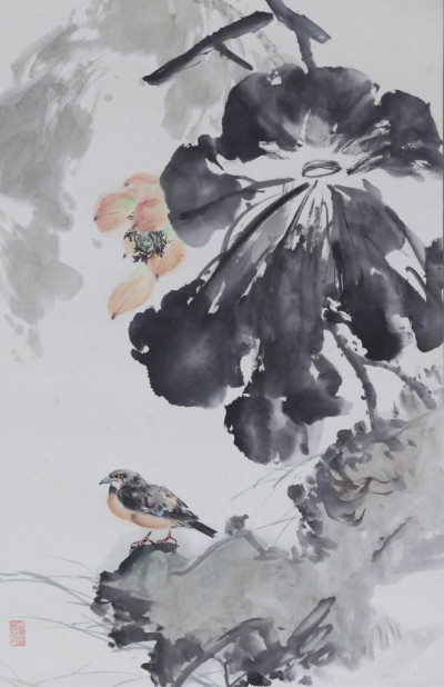 Image for Lot Chinese Painting of Bird and Lotus Flower 20th C