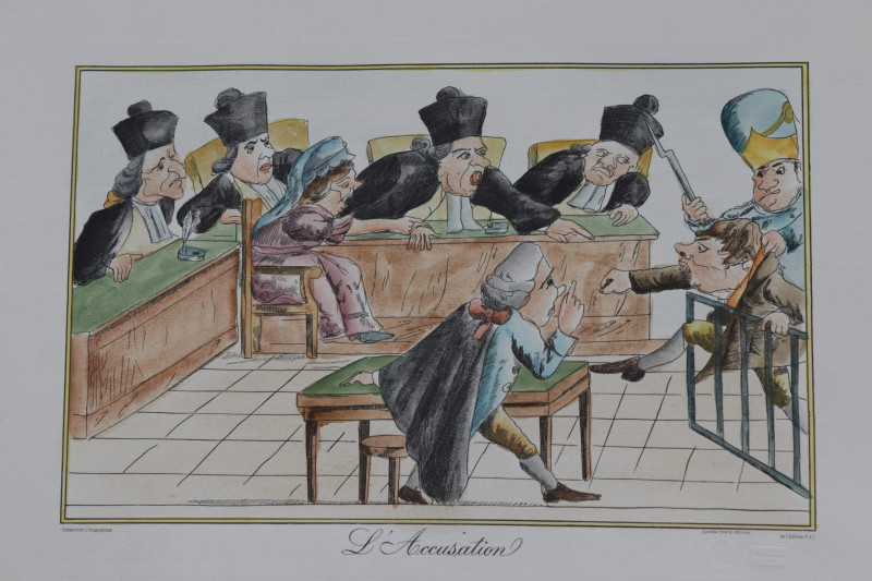 French Prints Two Satirical Courtroom; Fashion