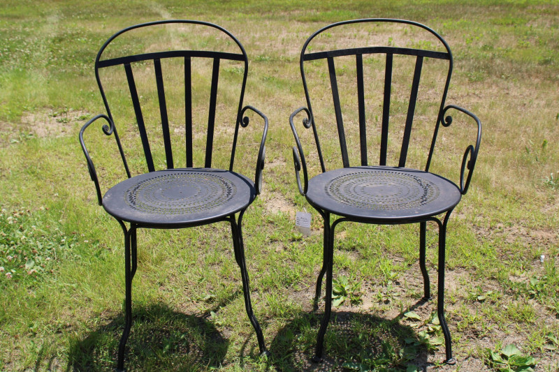 Pair Iron Bistro Armchairs Table