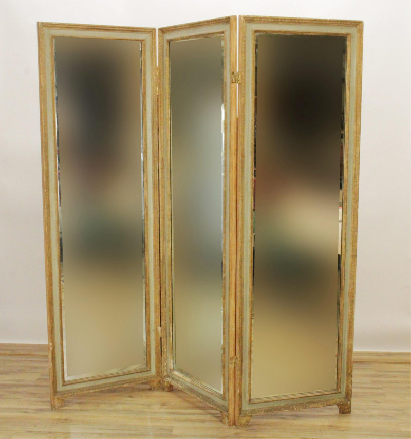 Louis XVI Style 3 Panel Mirrored Painted Screen