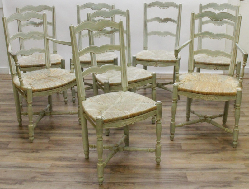 8 French Provincial Green Painted Dining Chairs