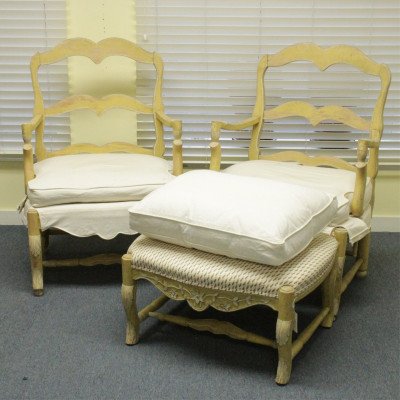 Image for Lot Pair Country French Painted Fauteuils Ottoman