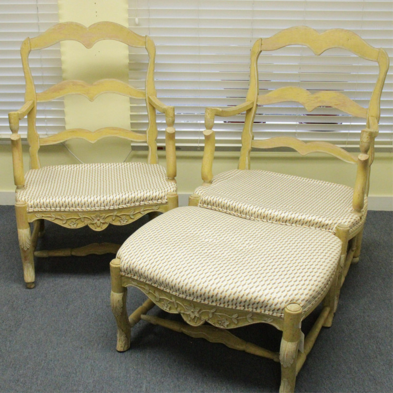 Pair Country French Painted Fauteuils Ottoman
