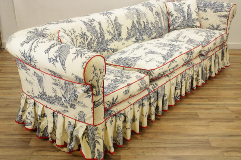 Blue and White Toile Slipcover Roll Arm Sofa