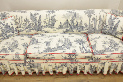 Blue and White Toile Slipcover Roll Arm Sofa