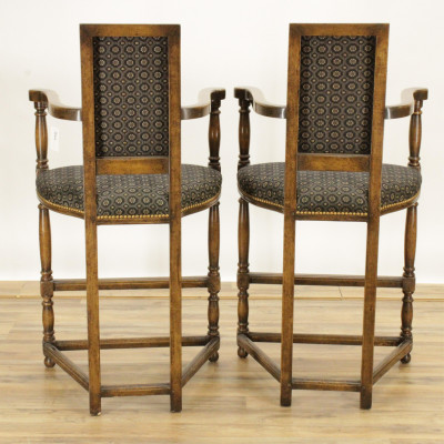 Pair Walnut Finish Triangular Bar Height Chairs