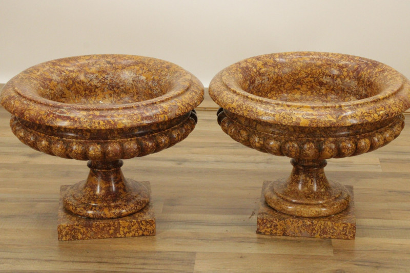 Pair of Large Carved Brown Tan Marble Urns