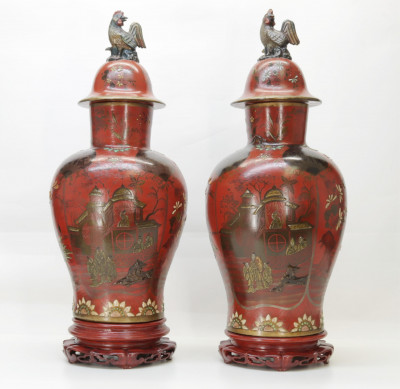 Image for Lot Pr Berlin Red Lacquer Gilt Faience Covered Jars