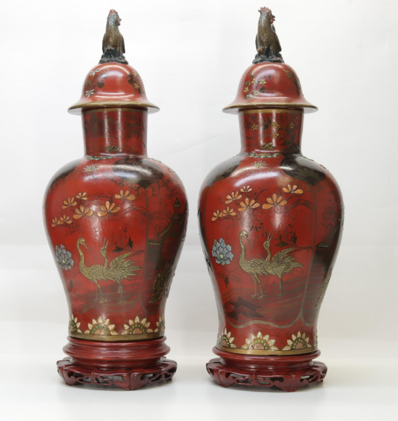 Pr Berlin Red Lacquer Gilt Faience Covered Jars
