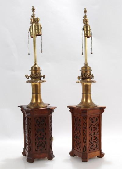 Pair of Mahogany Brass Lamps