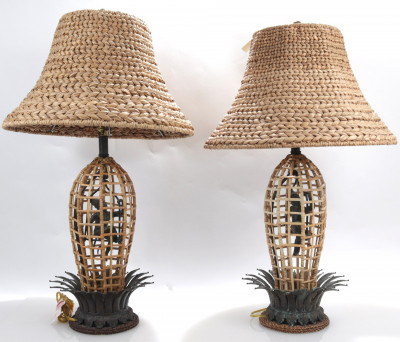 Pair of Rattan Patinated Bronze Lamps